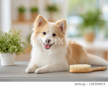 ブラッシング後に笑顔のかわいい犬 126509923