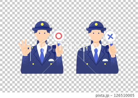 女性警察官がマルバツ札でジャッジするイラスト OK判定を出す上半身ベクターイラスト素材 女性警察官がマルバツ札でジャッジするイラスト OK判定を出す上半身ベクターイラスト素材 126510005