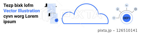 Cloud icon surrounded by documents, decentralized finance DeFi symbol with connecting nodes. Ideal for tech presentations, business reports, educational materials, websites, digital marketing, SaaS 126510141