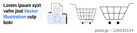Paper document beside a download icon with two shopping cart illustrations. Ideal for e-commerce, digital documents, downloading services, online shopping platforms, retail websites, document Paper document beside a download icon with two shopping cart illustrations. Ideal for e-commerce, digital documents, downloading services, online shopping platforms, retail websites, document 126510154