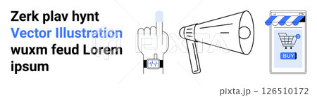 Hand with smart watch taps screen, megaphone announces, and shopping cart in store front. Ideal for digital marketing, mobile apps, e-commerce, online communication, tech tutorials, user interface Hand with smart watch taps screen, megaphone announces, and shopping cart in store front. Ideal for digital marketing, mobile apps, e-commerce, online communication, tech tutorials, user interface 126510172