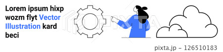 Woman pointing at a gear, highlighting a mechanical process next to a cloud symbol. Ideal for technology, cloud computing, engineering, process optimization, educational materials, mechanical Woman pointing at a gear, highlighting a mechanical process next to a cloud symbol. Ideal for technology, cloud computing, engineering, process optimization, educational materials, mechanical 126510183