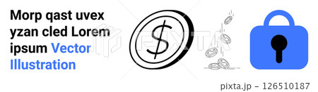 Dollar coin symbol, falling coins, and blue lock icon. Ideal for finance, banking, investments, data security, cybersecurity, fintech, and online transactions. Banner for landing page 126510187