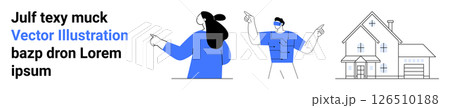 Real estate agents pointing at the house. Ideal for property management, housing market, real estate services, construction, investment, marketing, home buying guides, and sales materials. Banner 126510188