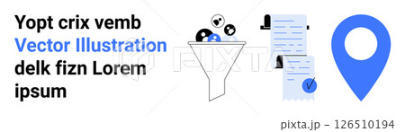 Funnel filtering diverse data, checklist document with tick marks, location marker. Ideal for data management, organization, workflow automation, document tracking, geolocation services, efficiency Funnel filtering diverse data, checklist document with tick marks, location marker. Ideal for data management, organization, workflow automation, document tracking, geolocation services, efficiency 126510194