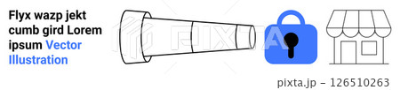 Telescope, blue padlock, and storefront illustration with placeholder text. Ideal for business security, online shopping, financial services, privacy protection, e-commerce, retail marketing 126510263