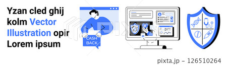 Person receiving cashback message, computer screen showing website security data, protective shield. Ideal for e-commerce, cybersecurity, online rewards, data protection, financial security, web 126510264