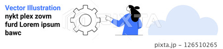 Woman in blue pointing at large gear, cloud symbol in back, placeholder text. Ideal for technology services, business solutions, web development, software engineering, IT support, cloud computing 126510265