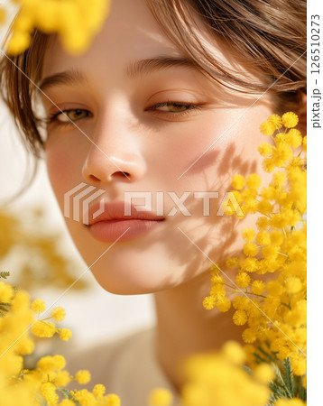 ミモザの花に囲まれた女性の美しい横顔 126510273