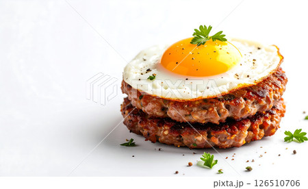 Stack of two cooked meat patties topped with a fried egg, seasoned with pepper and parsley, on white. 126510706