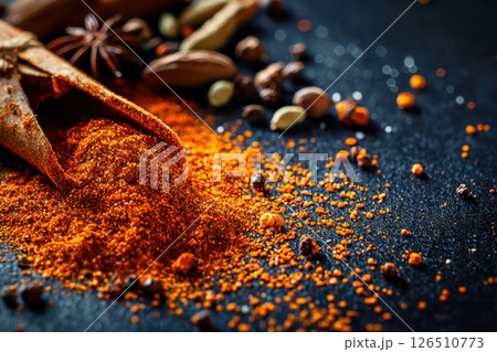 Spices scattered on dark background with warm orange tones, creating vivid and detailed scene 126510773