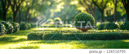 serene evergreen garden with manicured hedges, decorative shrub in stone planter, and sunlight filtering through lush green trees 126510795