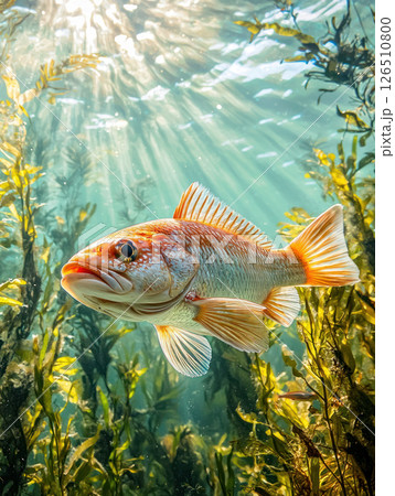 Redfish swimming among underwater grasses in Gulf of Mexico, showcasing biodiversity and sustainability 126510800