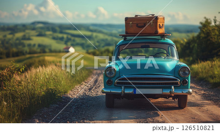 vintage car with open suitcase on its roof rack is parked on scenic countryside road, evoking nostalgic summer road trip vibe 126510821