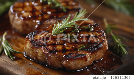 Grilled Steak with Rosemary and Glaze on Wooden Board Grilled Steak with Rosemary and Glaze on Wooden Board 126511365