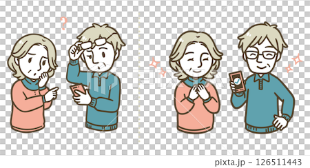 插圖集：一位老人因智慧型手機而感到困惑，一對老年夫婦欣慰地解決了問題 126511443