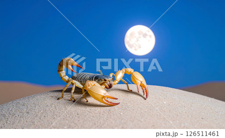 A large scorpion sits on a sand dune with a full moon in the background. 126511461