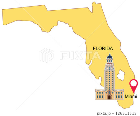 Florida Map with Miami Landmark Illustration 126511515
