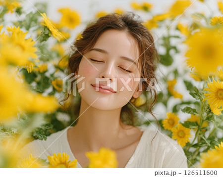 黄色い花に包まれた女性の春ポートレート 126511600