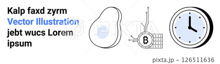 Abstract vector art with an avocado, a Bitcoin-inspired chip, and a minimalist clock. Ideal for technology, finance, agriculture, time management, education, web design, presentations. Landing page Abstract vector art with an avocado, a Bitcoin-inspired chip, and a minimalist clock. Ideal for technology, finance, agriculture, time management, education, web design, presentations. Landing page 126511636