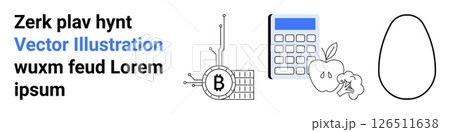 Bitcoin symbol with blockchain graphics, blue screen calculator, apple with broccoli, and egg. Ideal for finance, technology, health and nutrition, food industry, education, farm produce, digital 126511638