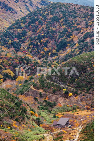 安達太良山・馬ノ背から紅葉の山肌とくろがね小屋 126511653