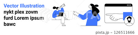 Woman with laptop working, another person pointing, online profile and navigation bar with pointing hand cursor. Ideal for workplace productivity, web design, teamwork, online profiles, digital Woman with laptop working, another person pointing, online profile and navigation bar with pointing hand cursor. Ideal for workplace productivity, web design, teamwork, online profiles, digital 126511666