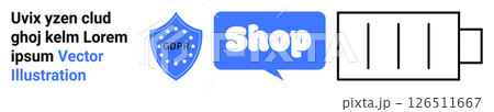Shield with GDPR text, a conversation bubble with Shop text, and a battery icon. Ideal for data protection, online shopping, mobile apps, energy management, and technology. Banner for landing page 126511667