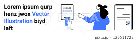 Businesswoman pointing at mobile screen displaying HS code. Text document and sample filler text on left. Ideal for trade, mobile apps, documentation, office work, presentations, educational Businesswoman pointing at mobile screen displaying HS code. Text document and sample filler text on left. Ideal for trade, mobile apps, documentation, office work, presentations, educational 126511725