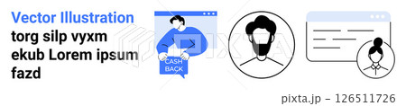 Person holding cashback sign, male and female user profiles, and browser windows with generic text. Ideal for marketing, web design, user interface, customer engagement, online profiles, tech Person holding cashback sign, male and female user profiles, and browser windows with generic text. Ideal for marketing, web design, user interface, customer engagement, online profiles, tech 126511726