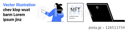 Person in blue shirt pointing at an NFT document, with a laptop beside them. Ideal for digital assets, blockchain, technology, online business, financial technology, education, creative media. Banner Person in blue shirt pointing at an NFT document, with a laptop beside them. Ideal for digital assets, blockchain, technology, online business, financial technology, education, creative media. Banner 126511734