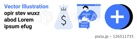 Money bag with dollar sign, person holding cash back symbol, and a blue plus sign. Ideal for finance, business, marketing, advertisements, start-ups, growth strategies, and investment themed designs 126511735
