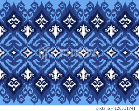 Seamless abstract ikat pattern in blue. Design for illustration,fabric,wallpaper, clothing,wrapping,textile,background,backdrop,cover, batik,embroidery,carpet,carpet,clothing,fabric,   126511741