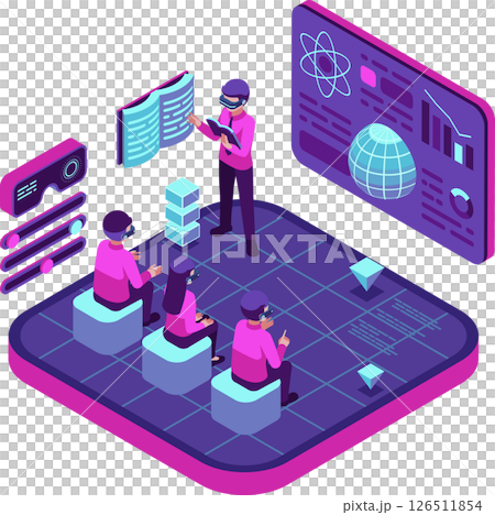Isometric Virtual Metaverse Classroom with Teacher and Students 126511854