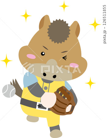 グローブで野球をするかわいい馬キャラクター（午年イラスト） 126511855