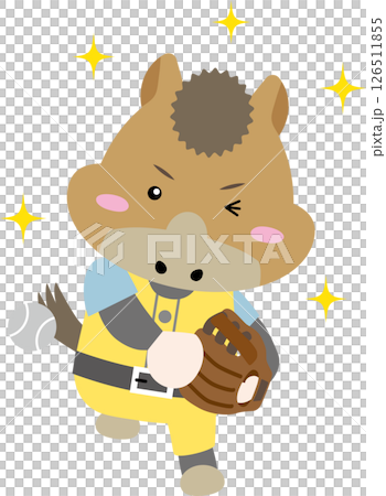 グローブで野球をするかわいい馬キャラクター（午年イラスト） 126511855
