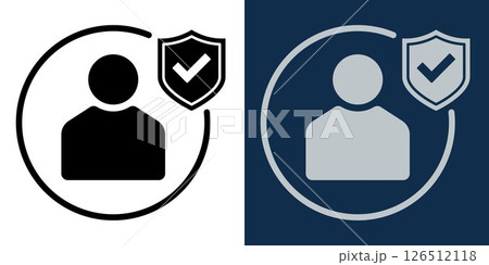 User profile verification icon with shield and check mark in black and blue. Identity authentication symbol for privacy, security access, or account protection UI,UX design concept. 126512118