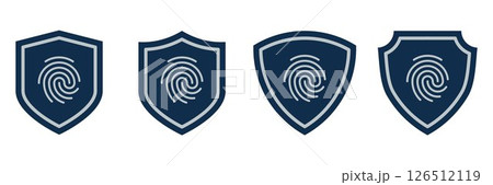 Fingerprint Shield Icons. Cybersecurity Protection Badge Set with Biometric Fingerprint Symbol for Identity Verification, Privacy Access, Security Control, Data Protection and Technology UI 126512119