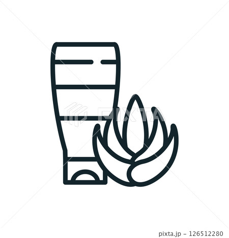 Aloe vera gel tube standing next to aloe vera plant for skin treatment 126512280