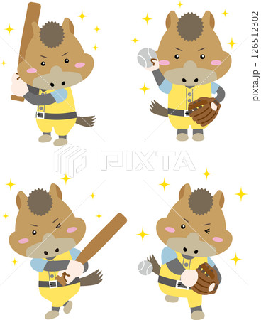 バットとグローブを持ったかわいい馬キャラクターの野球イラスト（午年） 126512302