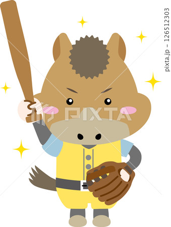 バットとグローブを持ったかわいい馬キャラクターの野球イラスト（午年） 126512303