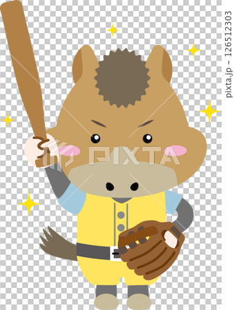 バットとグローブを持ったかわいい馬キャラクターの野球イラスト（午年） 126512303