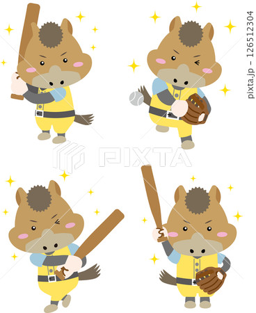 バットとグローブを持ったかわいい馬キャラクターの野球イラスト（午年） 126512304