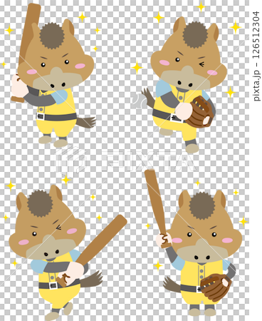 バットとグローブを持ったかわいい馬キャラクターの野球イラスト（午年） 126512304