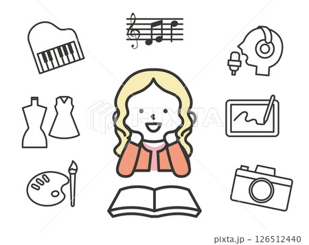 音楽やデザインなどのアートを学ぶ女の子のイラスト　創造力を育むかわいい学習シーン 126512440