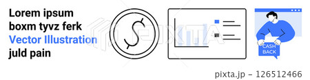 Text block, logo icon, bar chart graphic, and person with Cashback sign. Ideal for financial reports, presentations, websites, marketing materials, mobile apps, infographics, advertising. Landing 126512466