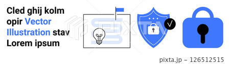 Lock and shield icons, lightbulb next to documents. Unrelated placeholder text. Ideal for security, technology, innovation, privacy, information protection, cyber security, graphic design projects 126512515
