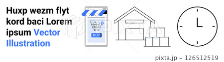 Mobile e-commerce interface with a shopping cart, warehouse with boxes, and clock icon. Ideal for online shopping, delivery services, logistics, time management, inventory control, retail business Mobile e-commerce interface with a shopping cart, warehouse with boxes, and clock icon. Ideal for online shopping, delivery services, logistics, time management, inventory control, retail business 126512519