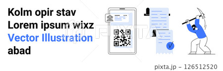 QR code displayed on smartphone screen, documents with checkmarks, person climbing with axe. Ideal for business processes, data management, productivity, digital tools, finance, organization QR code displayed on smartphone screen, documents with checkmarks, person climbing with axe. Ideal for business processes, data management, productivity, digital tools, finance, organization 126512520