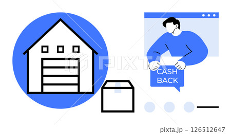 Simple vector shows a warehouse, a package box, and a person receiving cash back. Ideal for e-commerce, warehouse management, online shopping, customer incentives, and retail logistics 126512647